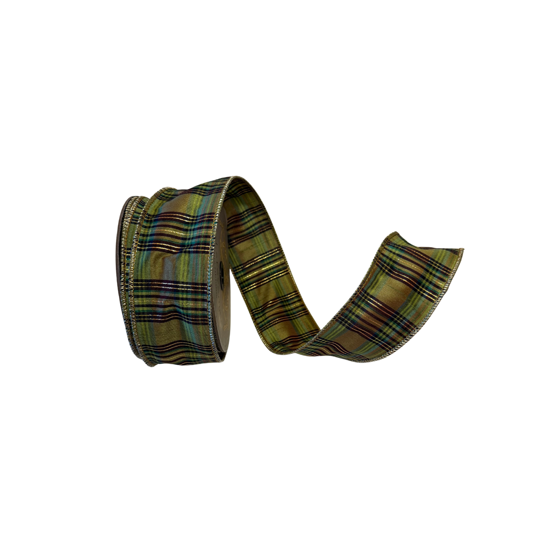 Green and gold metallic plaid dupioni ribbon by D. Stevens, 2.5-inch wired designer ribbon roll for luxury Christmas decorating and gift wrapping.