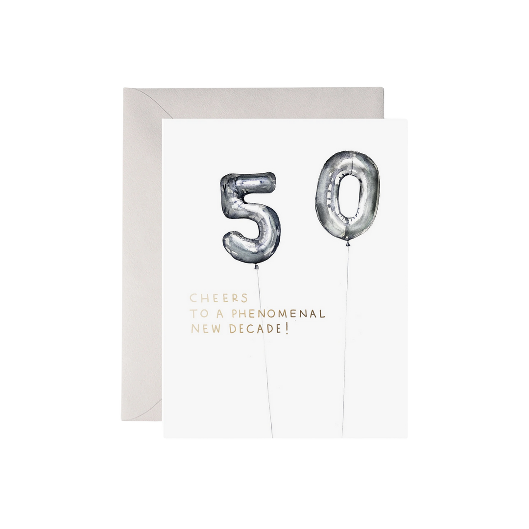 Greeting card with silver number balloons and celebratory text on a white background