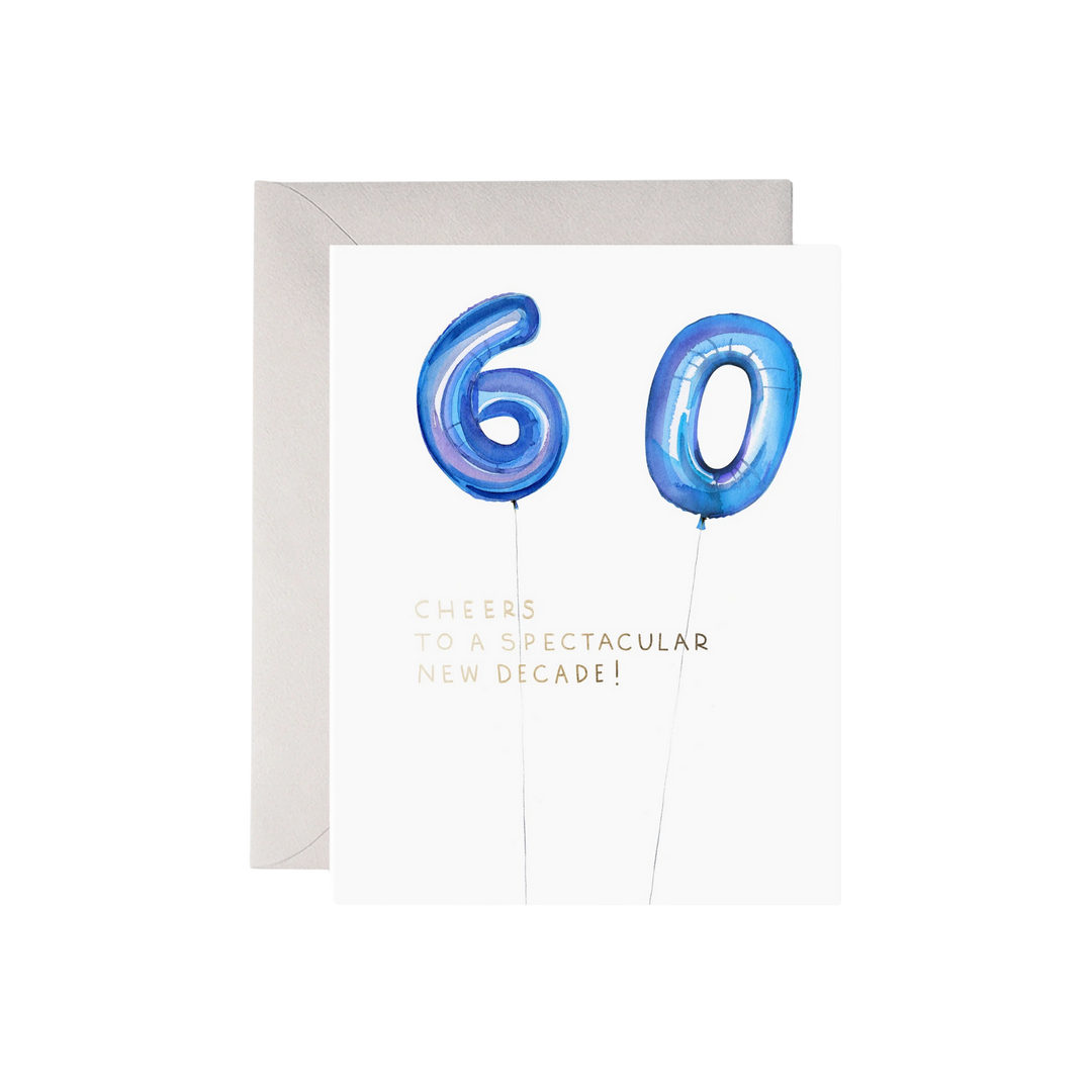 Greeting card with blue balloon numbers '60' and text 'Cheers to a spectacular new decade!' on a white background.