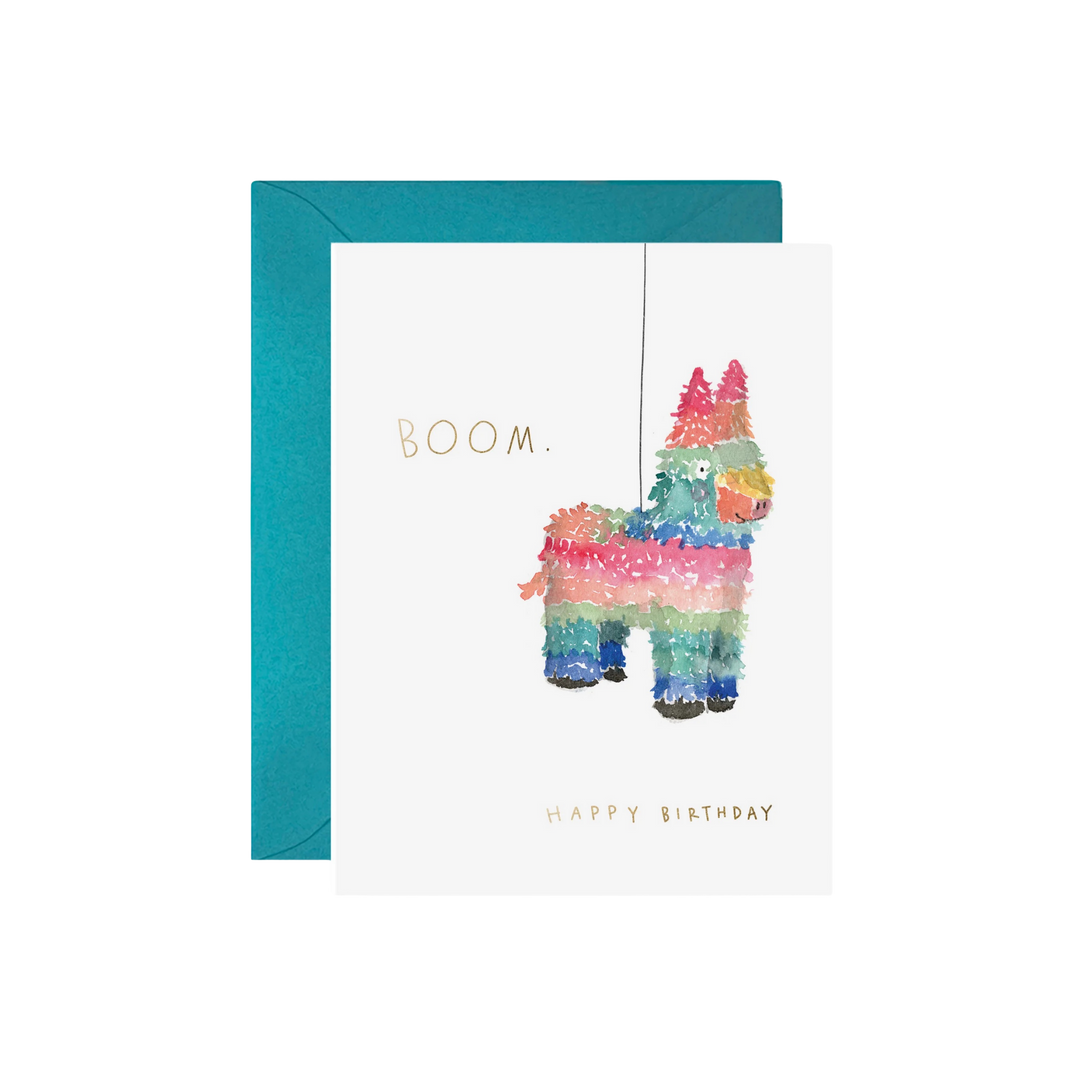 Colorful llama piñata card with 'BOOM' and 'Happy Birthday' text on a white background