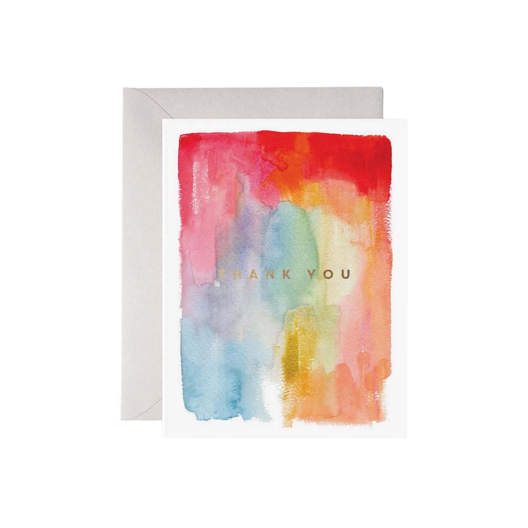 Colorful watercolor card with 'Thank You' text on a white background