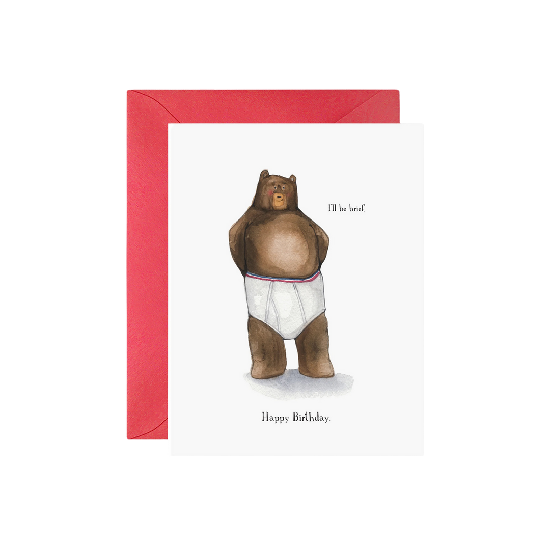 Birthday card with a bear in underwear and red border