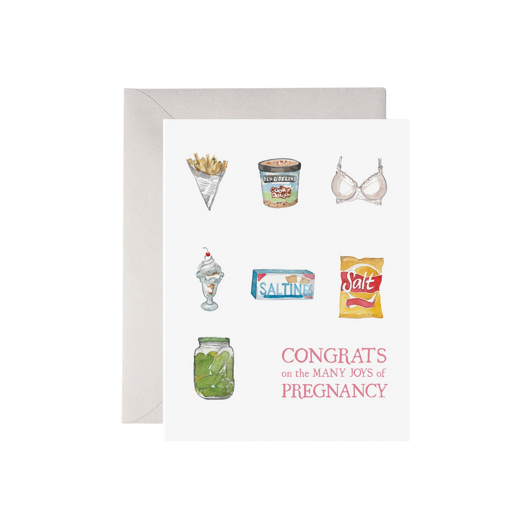 Card with illustrations of a cone, ice cream, saltine crackers, and a bra, with text 'Congrats on the MANY JOBS of PREGNANCY'.