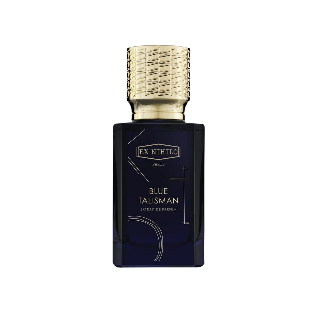 Perfume bottle labeled 'Ex Nihilo Blue Talisman Extrait' on a white background