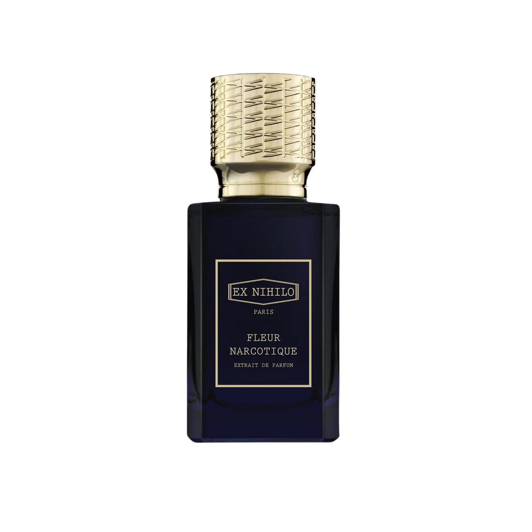 Perfume bottle with gold cap and dark blue body on a white background Fleur Narcotique Extrait by Ex Nihilo