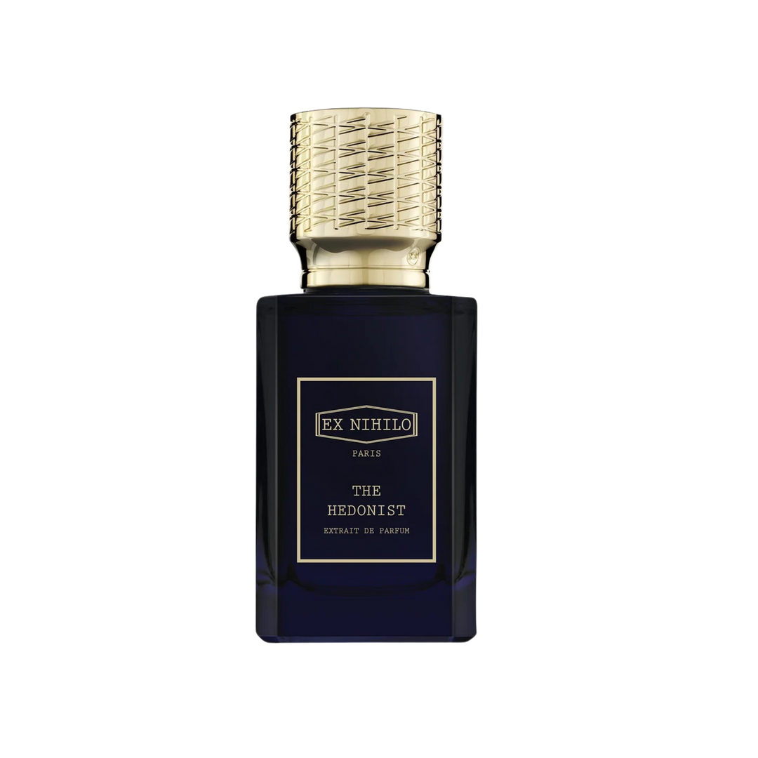 Perfume bottle labeled 'Ex Nihilo The Hedonist Extrait' on a white background