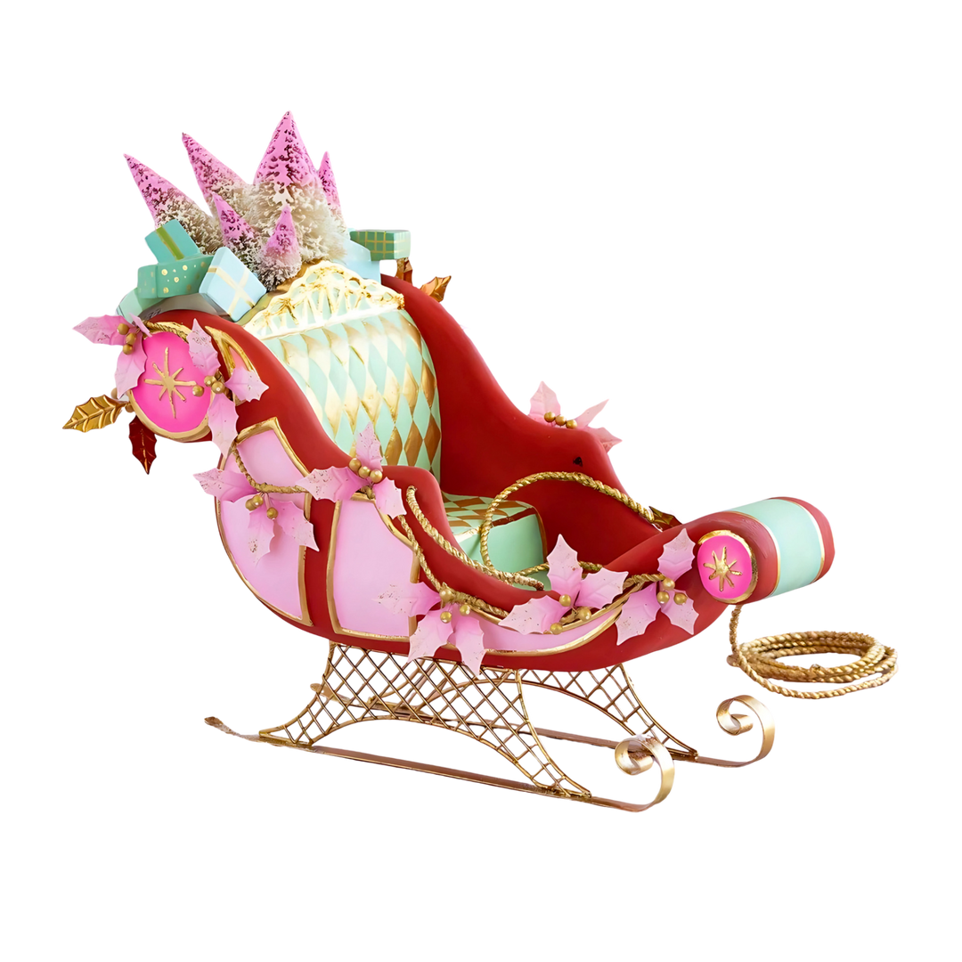 Glitterville Parisian Sleigh – 24-inch hand-painted pink, mint, red holiday sleigh with gold leaf and poinsettia details.