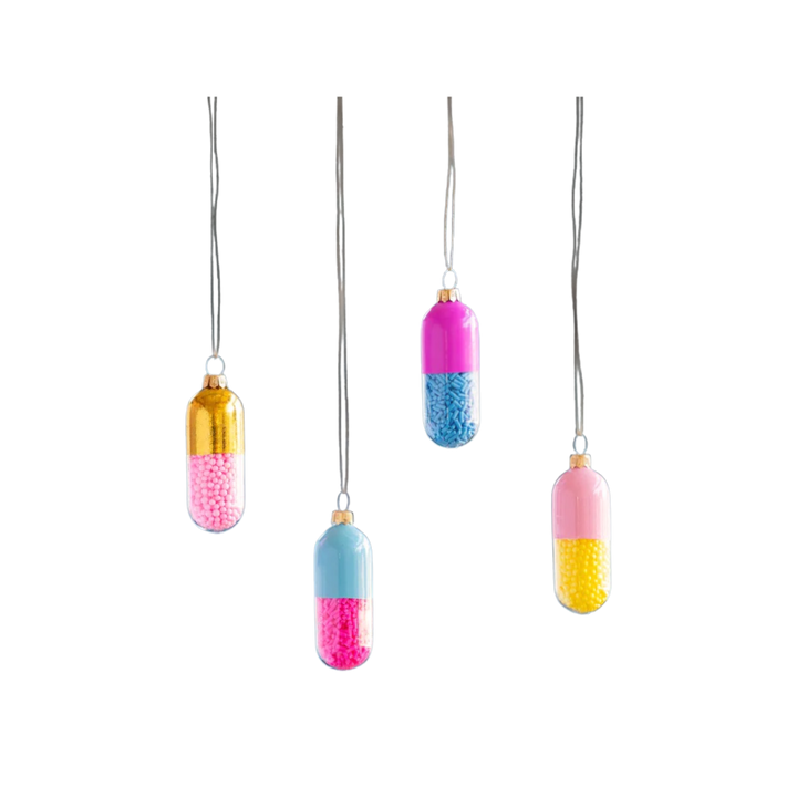 Happy Pills Ornament by Glitterville Studios in bright colors (Gold + Pink, Hot Pink + Light Blue, Light Blue + Hot Pink, Light Pink + Yellow) – Mood by DMJ Lafayette, LA.