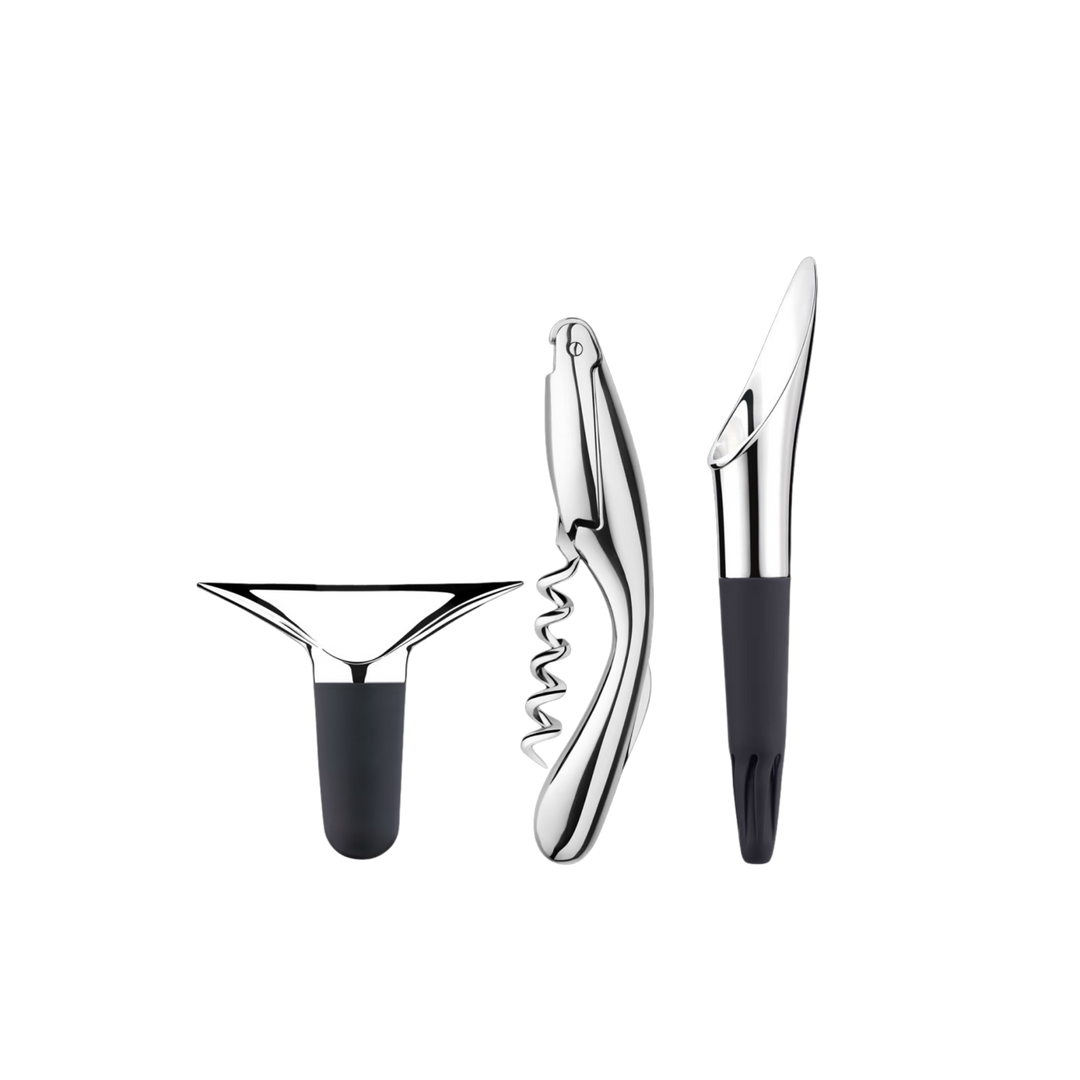 Georg Jensen corkscrew, wine stopper and pourer set in stainless steel at Mood by DMJ