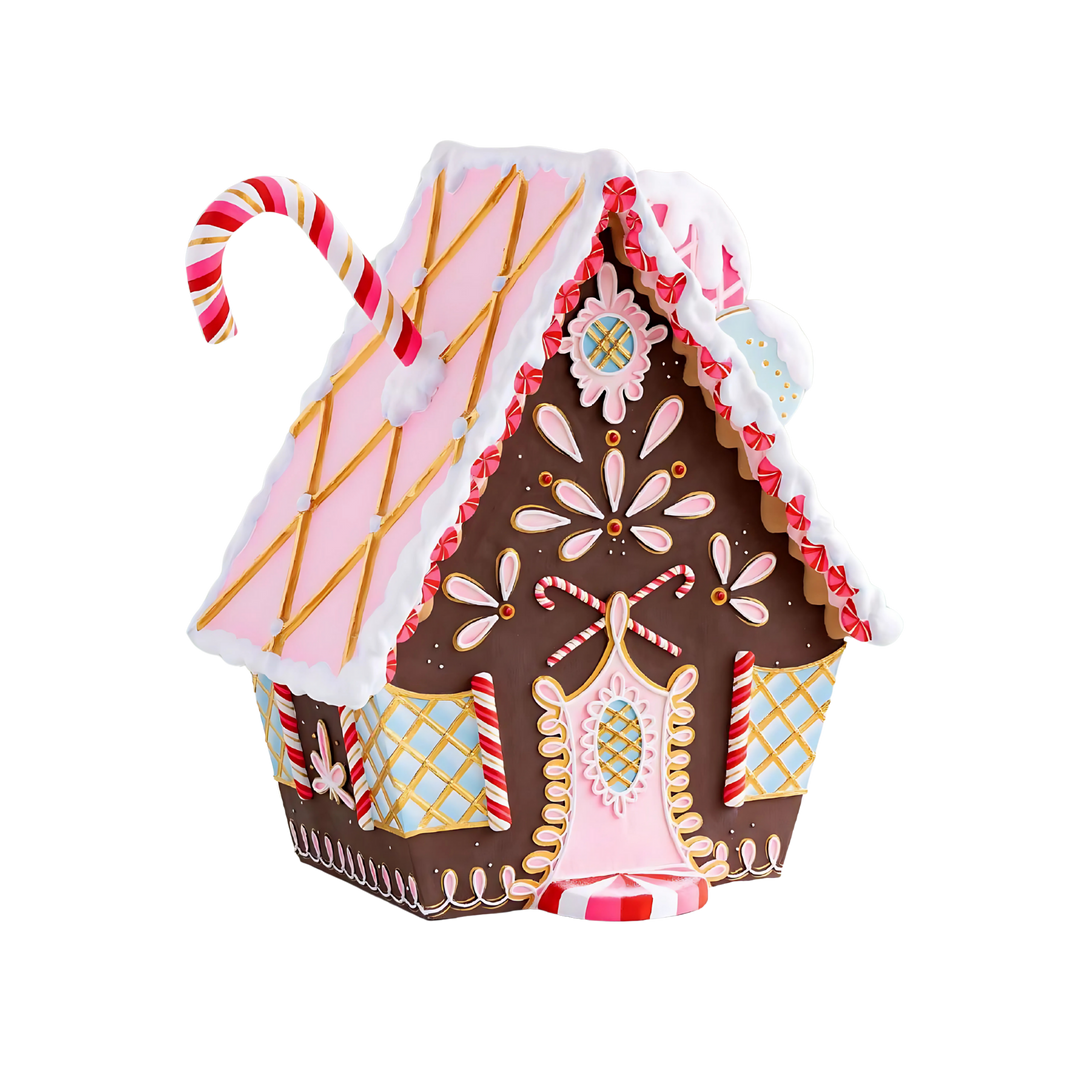 Mood by DMJ Glitterville Gingerbread House holiday display with candy cane trim and pastel icing details — festive Christmas centerpiece and collectible décor