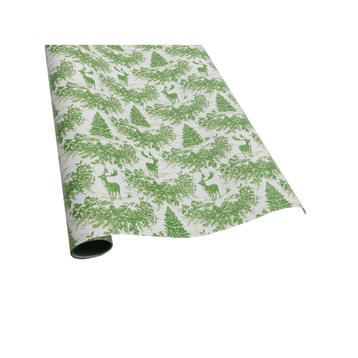 Green Christmas toile wrapping paper roll with deer, trees, and wreaths