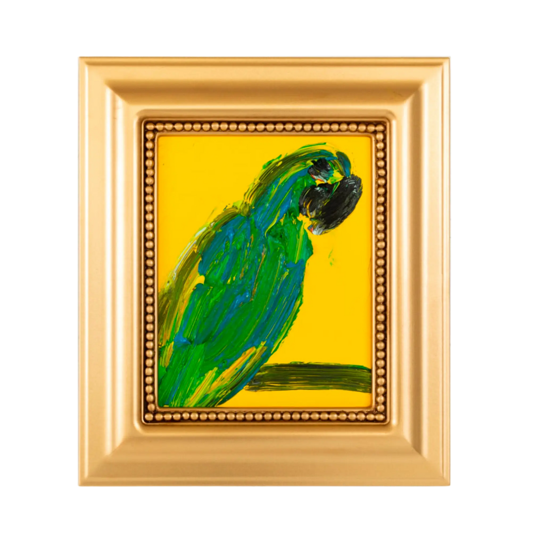 Hunt Slonem "Alba" original painting: green parrot with black accents on a yellow background in a gold beaded frame; 10x8 art, 10x8 framed.
