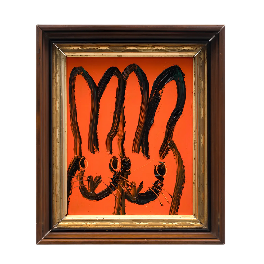Hunt Slonem "Double Bunny" original painting: two black-outlined rabbits on a vivid orange background in a dark wood frame with gold liner; 10x8 art, 13.25x11.25 framed.