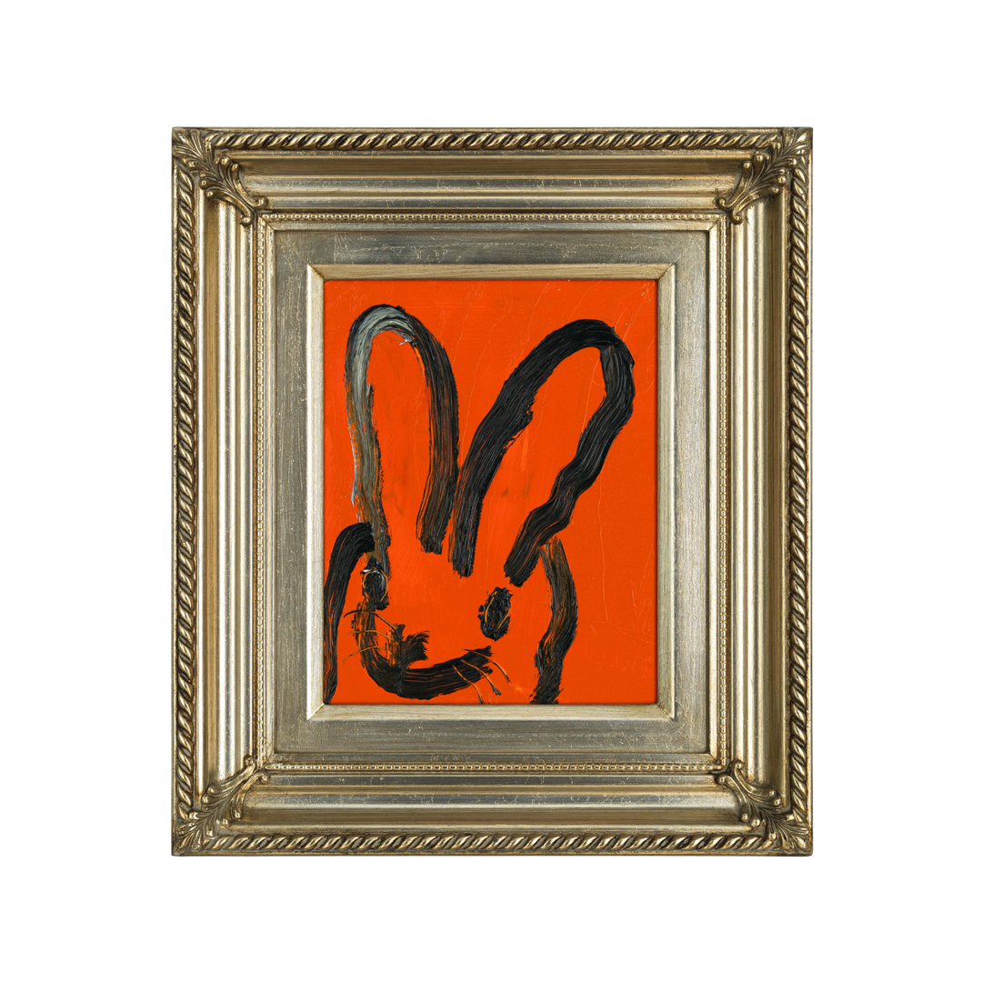 Hunt Slonem “Fall” original bunny painting—orange background with black-outlined rabbit in gold frame; 10×8 art, 16×14 framed.