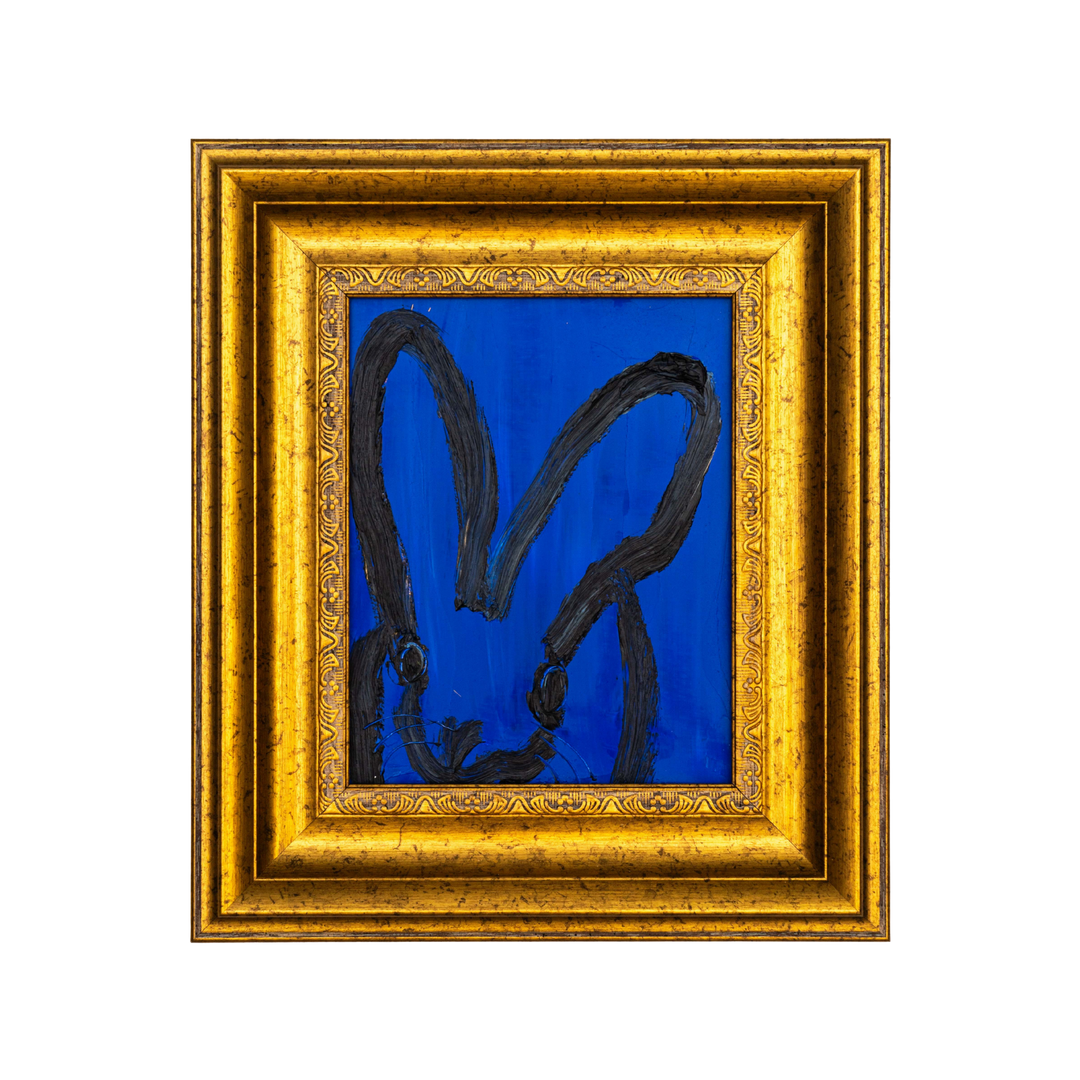 Hunt Slonem “Late Night” original blue bunny painting with black outline in ornate gold frame; art size 10×8, framed 14×12.