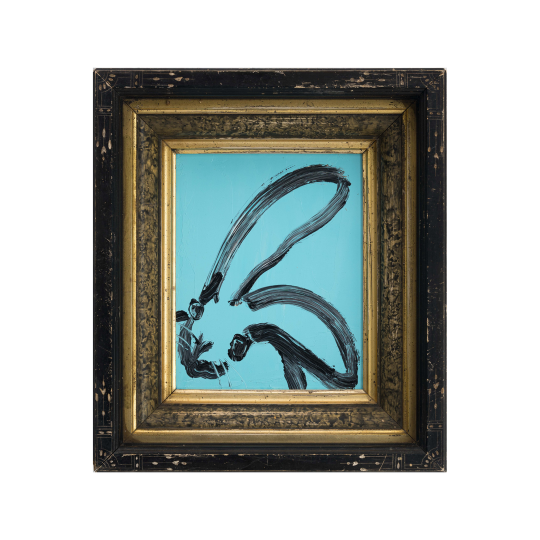 Hunt Slonem “Phillip” original bunny painting with light blue background and black outline in distressed black and gold frame; art size 10×8, framed 15.5×13.5.