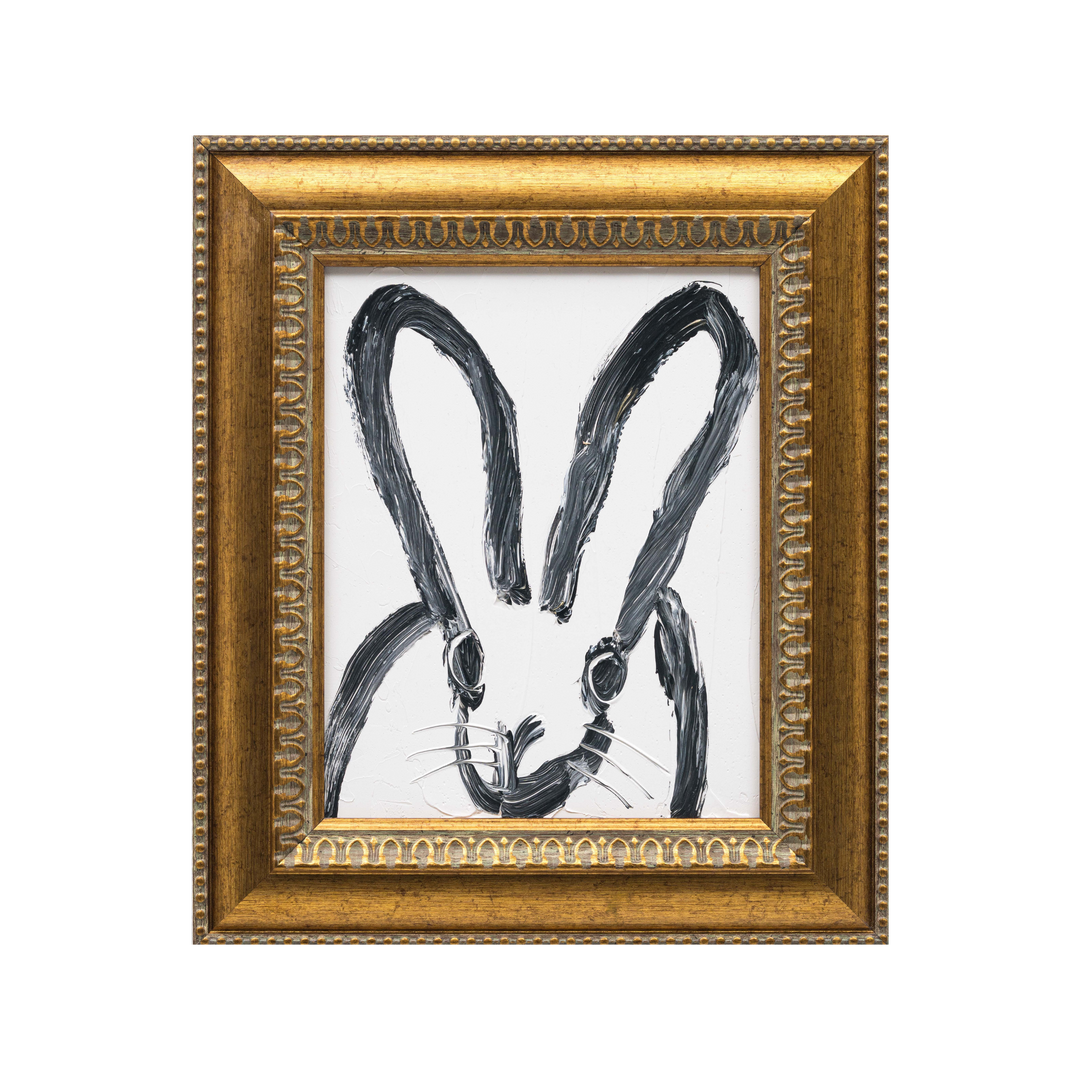 Hunt Slonem “Romp” original bunny painting: white rabbit outlined in black, ornate gold frame; art size 10×8″, framed size 14.25×12.25″.