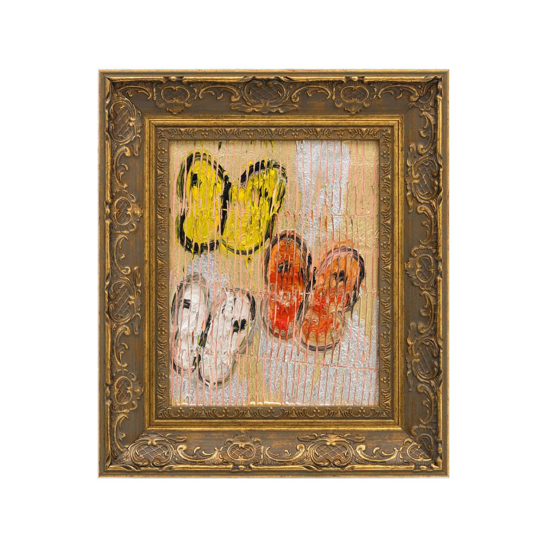 Discover Sulpher & Fritillery by Hunt Slonem at Mood by DMJ, Lafayette LA — a silver-brushed butterfly painting in an ornate gold frame.