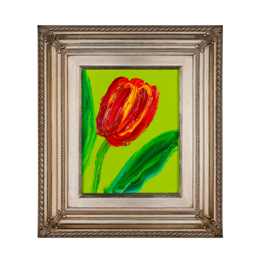 Hunt Slonem "Tulip" original painting: red tulip with green leaves on a chartreuse background in an ornate champagne frame; 10x8 art, 16x14 framed.