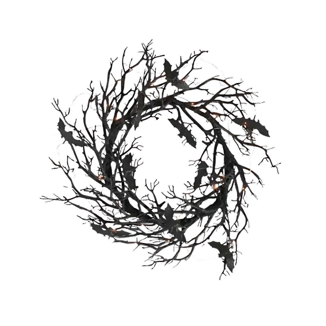 Black Bat Wreath with Orange LED Lights for Halloween decor at Mood by DMJ in Lafayette, LA.