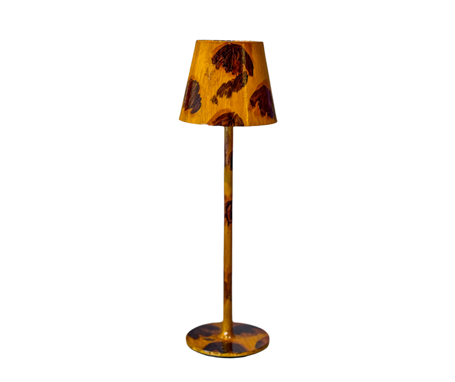 Hand Painted Leopard Print Wireless Lamp from Mood by DMJ in Lafayette, Louisiana – 14 inch tall cordless rechargeable lamp with leopard print design and adjustable warm, white, and bright white light settings.