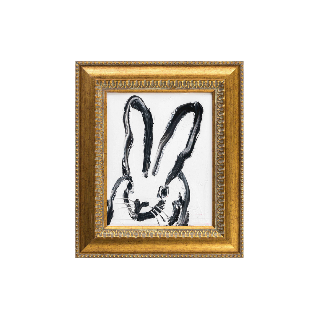 Original Hunt Slonem bunny painting titled “Barnaby,” black brushstroke rabbit on white background in ornate antique-gold frame.
