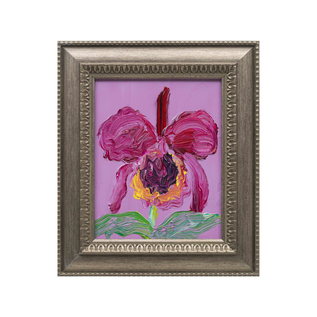 Original Hunt Slonem orchid painting “Cataleya,” vivid magenta and purple flower on pink background in ornate silver frame.