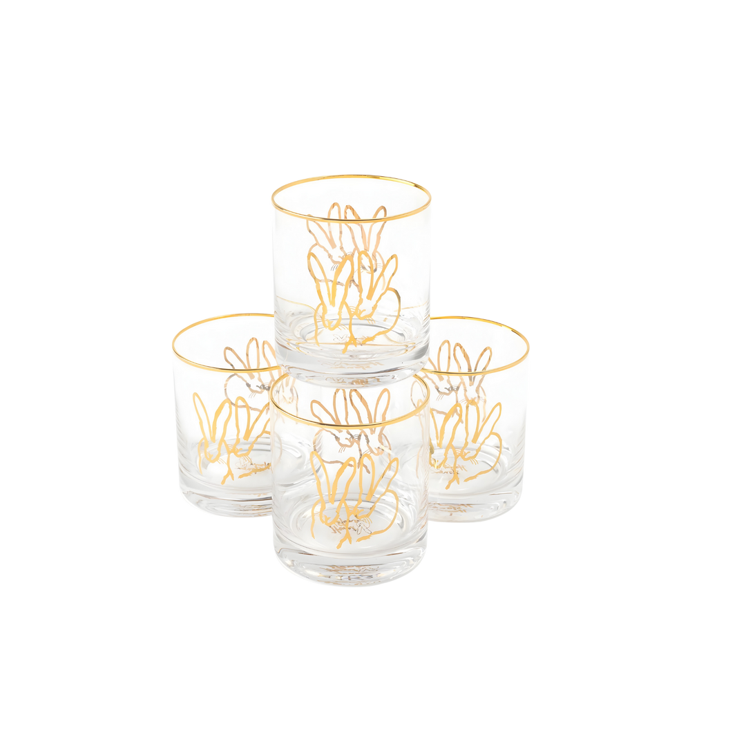 Hunt Slonem double bunny old-fashioned glasses with gold rim set at Mood by DMJ Lafayette Louisiana