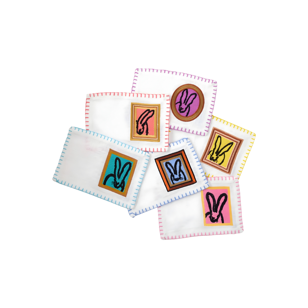 Hunt Slonem framed bunny embroidered linen cocktail napkins set at Mood by DMJ Lafayette Louisiana