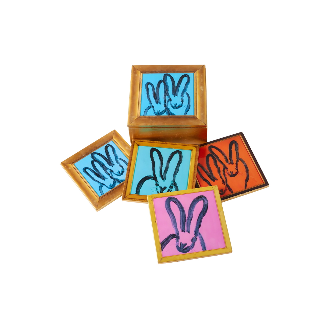 Hunt Slonem framed bunnies gold leaf lacquer coaster box set with four colorful rabbit coasters