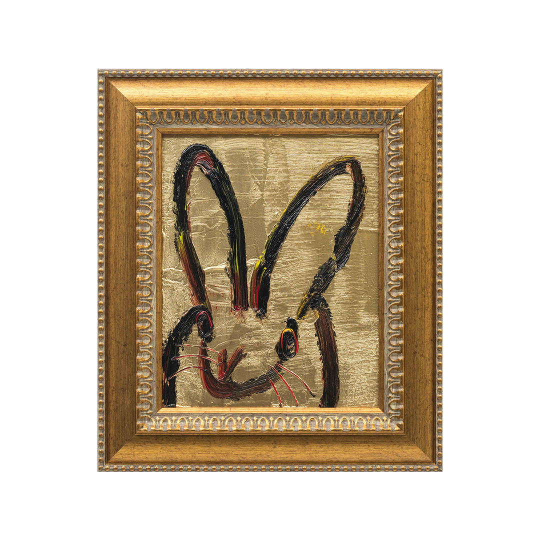 Original Hunt Slonem painting “Golden Bunny,” expressive black and red bunny on metallic gold background in ornate antique-gold frame.