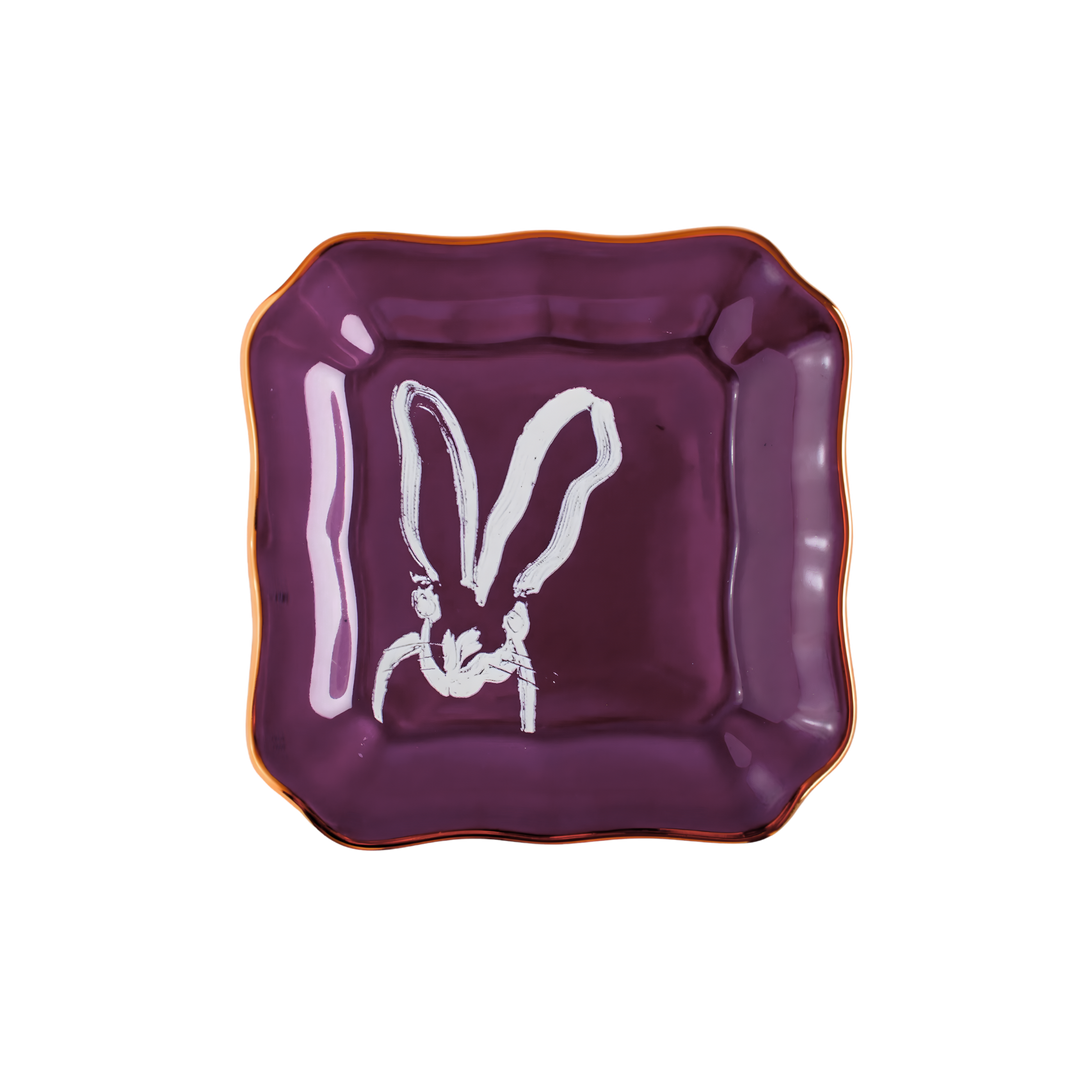 Hunt Slonem aubergine bunny portrait porcelain plate with gold rim styled as luxury tabletop décor