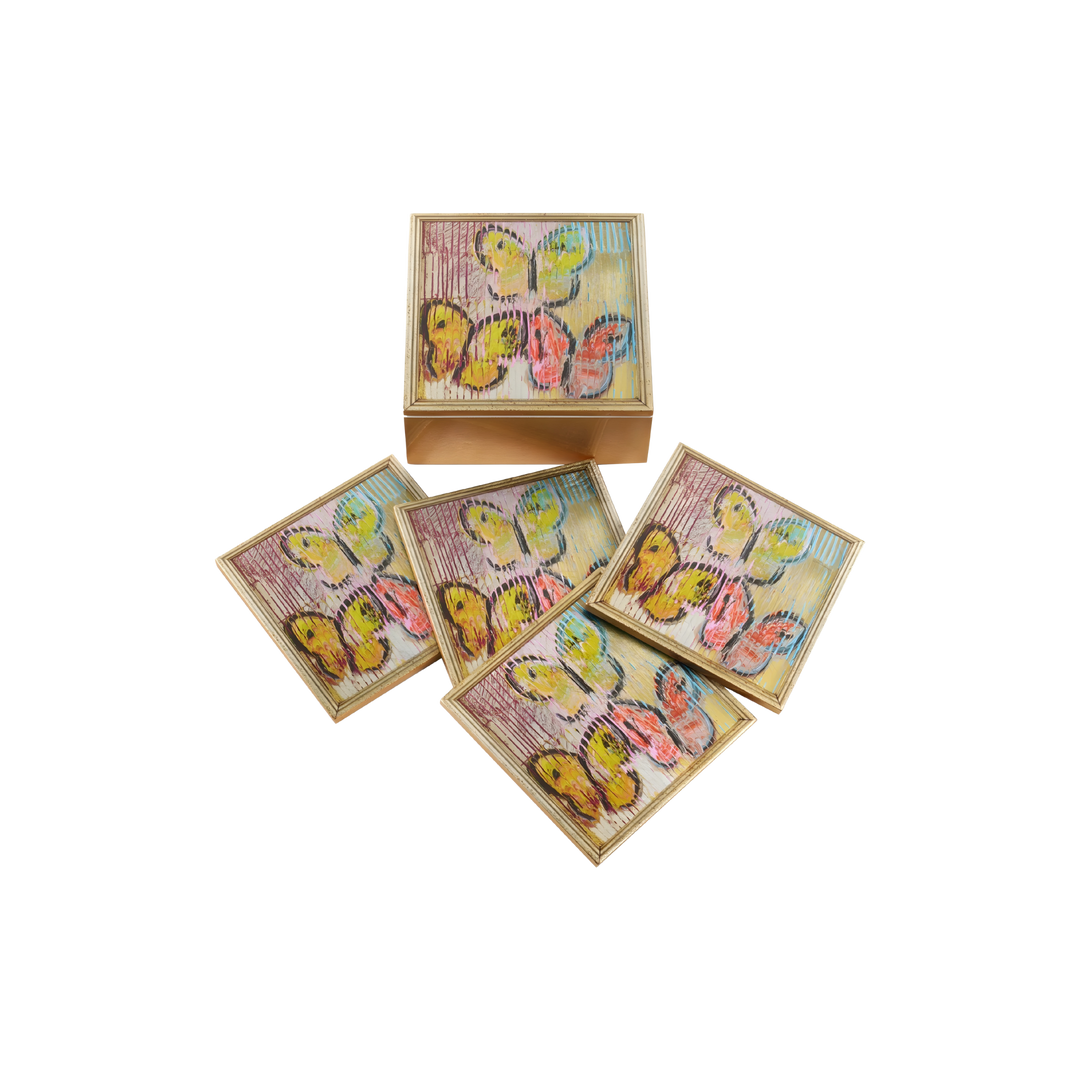 Hunt Slonem Lakeside Butterflies coaster set with gold leaf box at Mood by DMJ Lafayette Louisiana