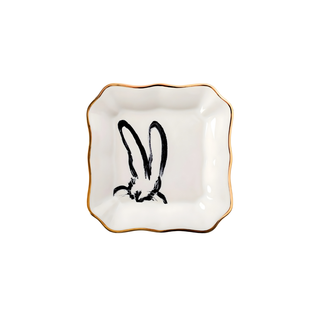 Hunt Slonem white bunny portrait plate with hand-painted gold rim at Mood by DMJ Lafayette Louisiana