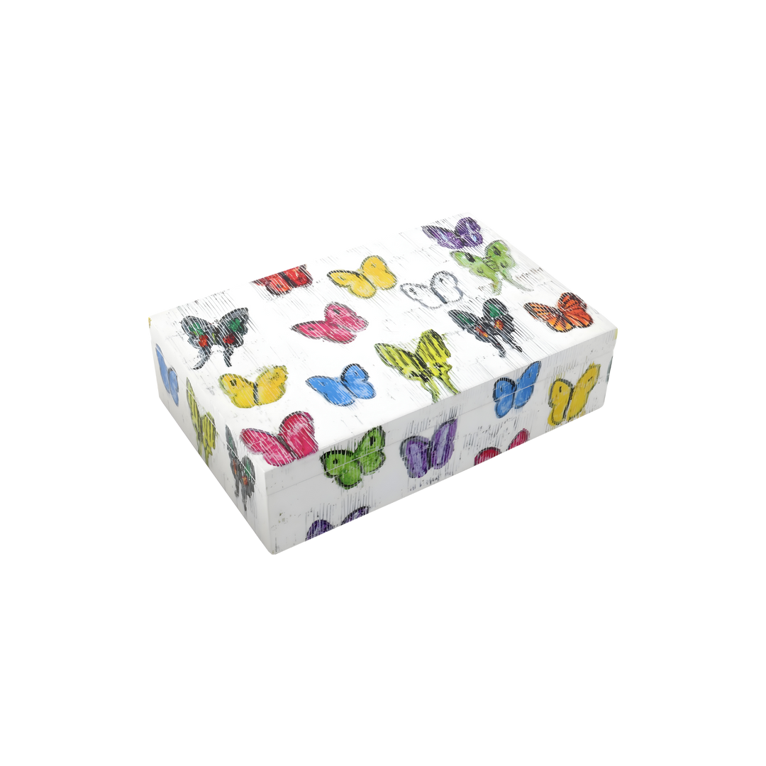 Hunt Slonem Butterfly Dance lacquer decorative storage box with colorful butterfly artwork