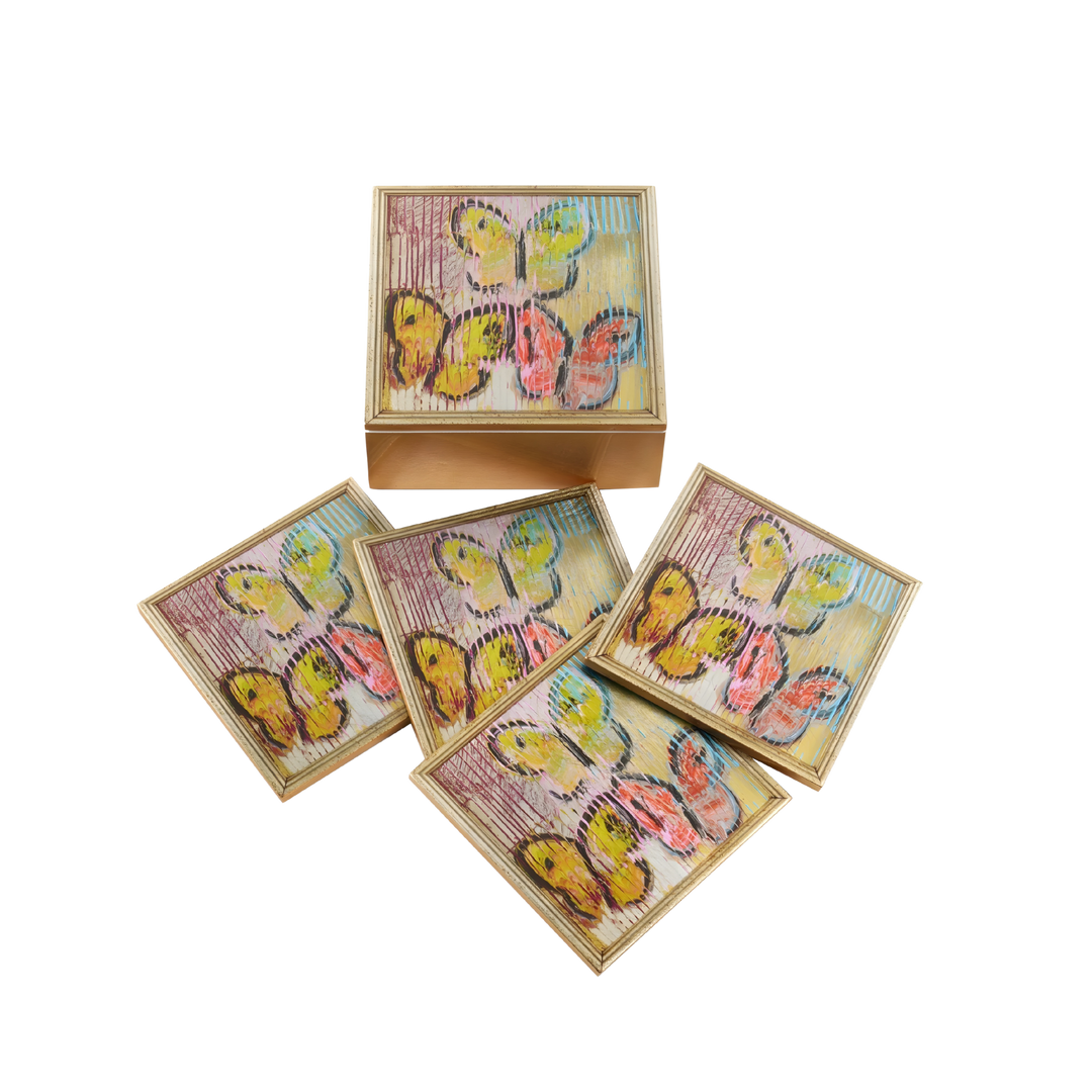 Hunt Slonem Lakeside Butterflies gold leaf coaster box set with four butterfly art coasters