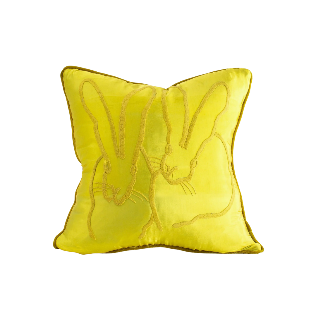 Hunt Slonem chartreuse silk velvet bunny pillow with hand embroidered rabbit motif