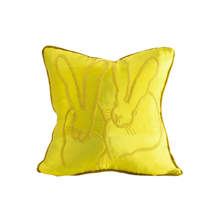 Hunt Slonem chartreuse silk velvet bunny pillow with hand embroidered rabbit motif