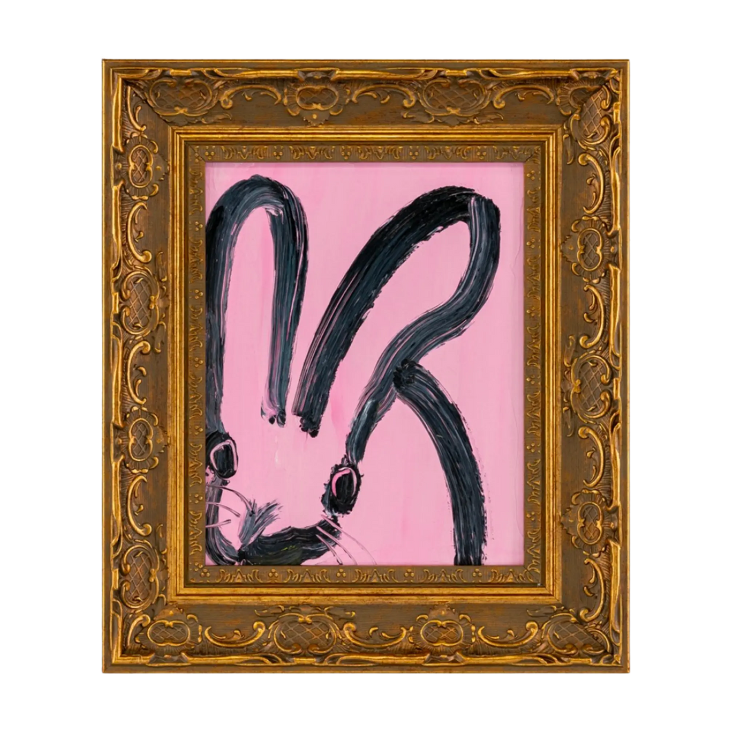 Hunt Slonem "Pink Bunny" original painting—pink background with black-outlined rabbit in ornate gold frame; 8×10 art, 14.5×12.5 framed.