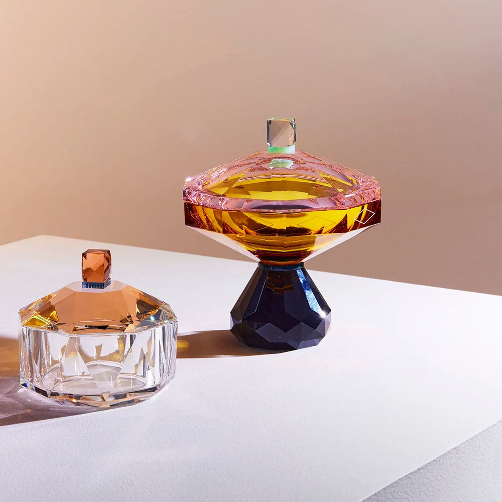 Reflections Copenhagen Hamptons Bonbonniere from Mood by DMJ — hand-cut crystal box in grey, amber, rose, pale green, and petrol tones from the 10-Year Anniversary Collection.