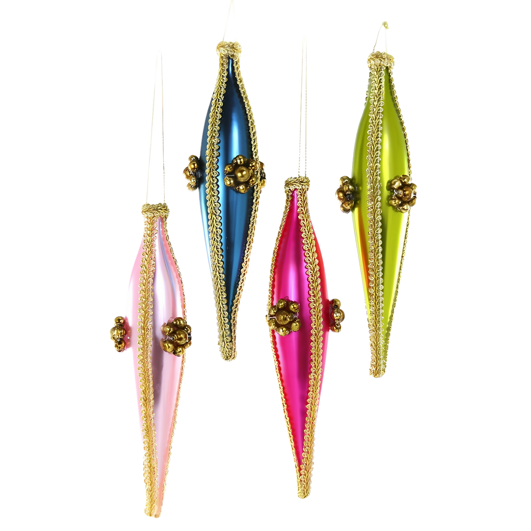 Cody Foster jewel tone spindle ornaments from Mood by DMJ, vibrant glass holiday decorations in rich jewel colors, retro Christmas décor