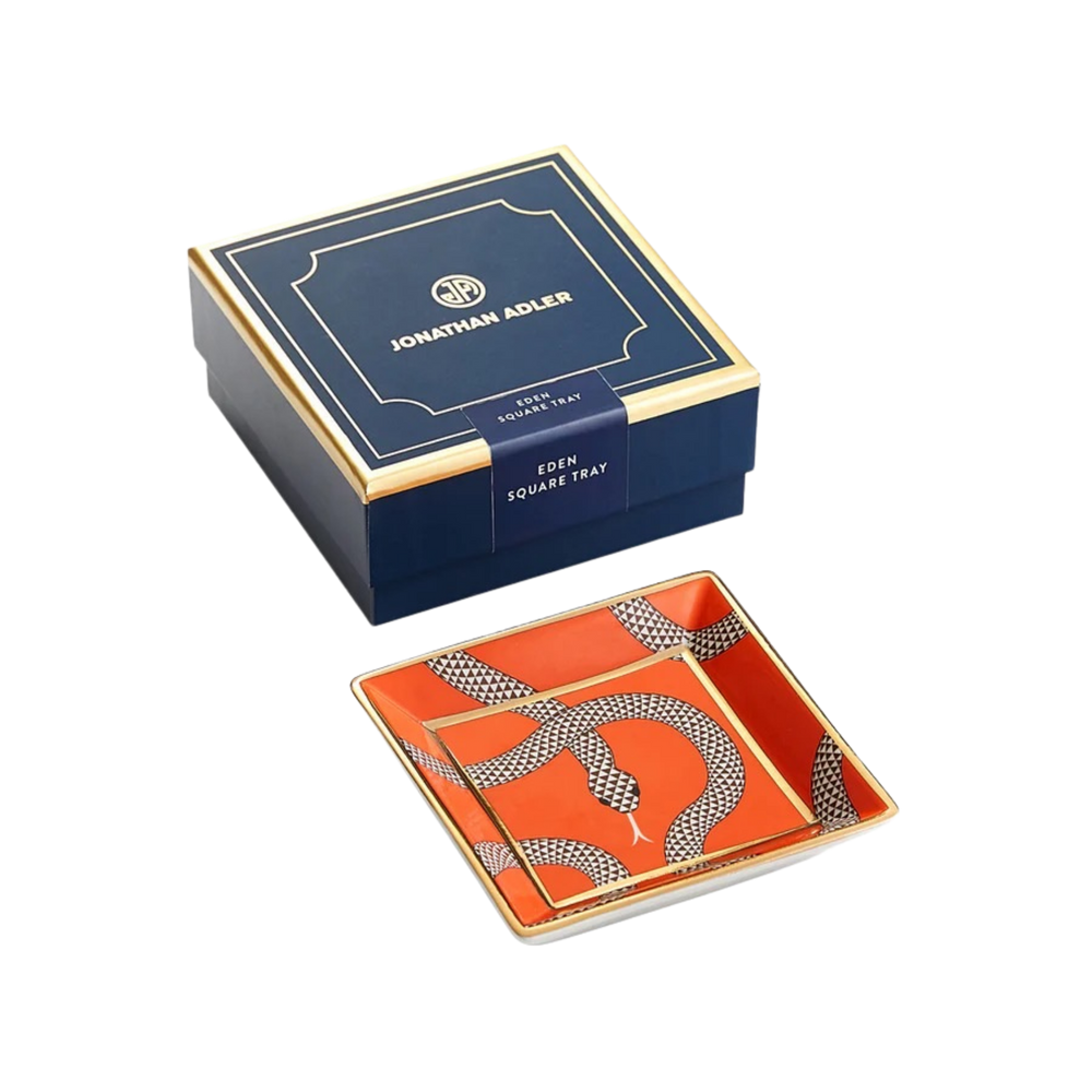 Mood by DMJ Jonathan Adler “Eden Square Tray” – serpent-motif porcelain with gold accents, glam decor in Lafayette, Louisiana.
