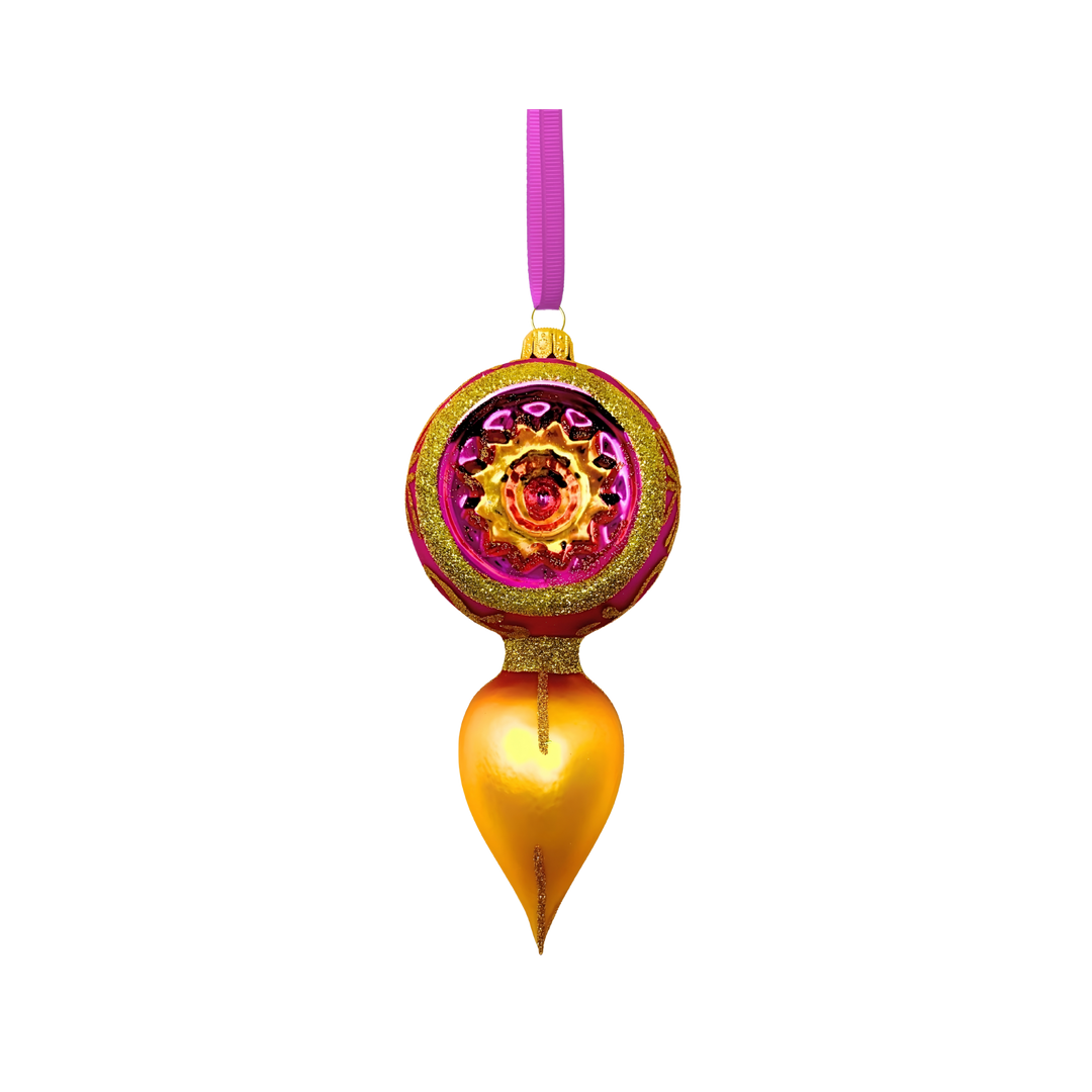 Front of Grand Dame Embossed Polish Glass Ornament by Kenzies of London in gold and fuchsia with teardrop base and radiant reflector, handcrafted in Poland.