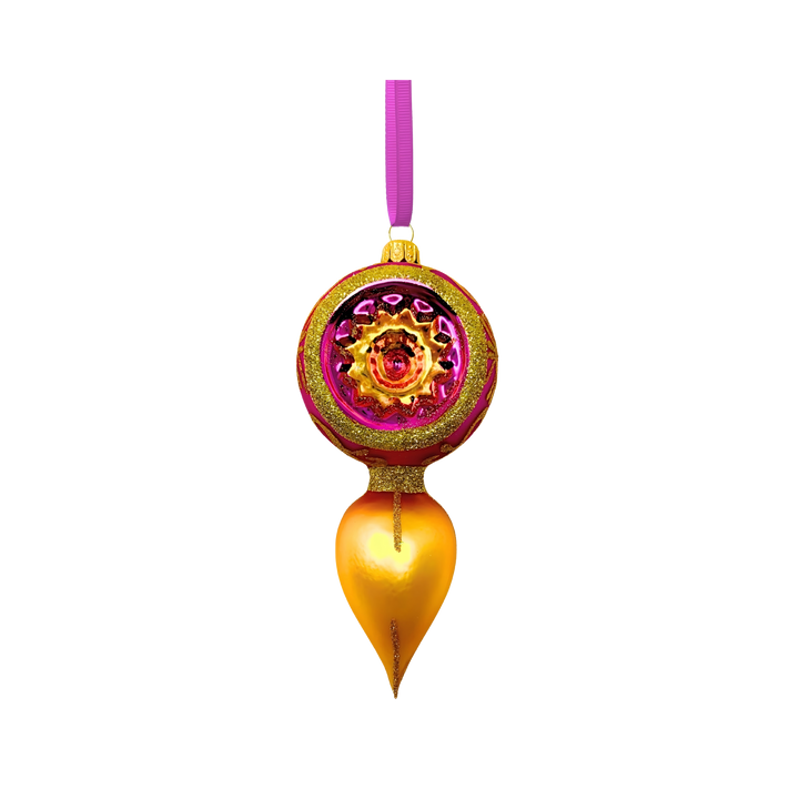 Front of Grand Dame Embossed Polish Glass Ornament by Kenzies of London in gold and fuchsia with teardrop base and radiant reflector, handcrafted in Poland.