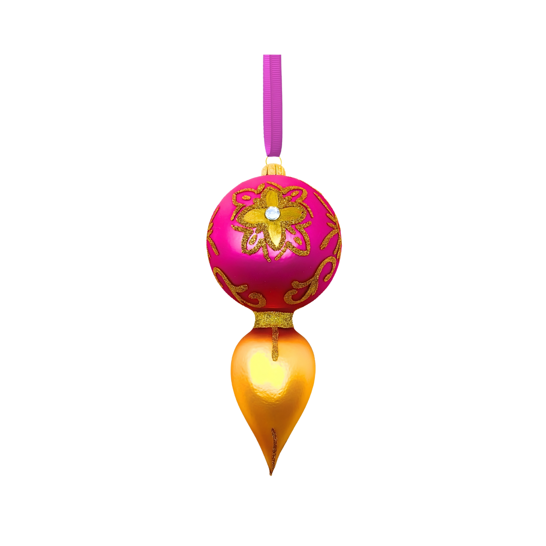 Back of Grand Dame Embossed Polish Glass Ornament by Kenzies of London in gold and fuchsia with teardrop base and radiant reflector, handcrafted in Poland.