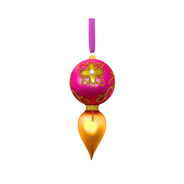 Back of Grand Dame Embossed Polish Glass Ornament by Kenzies of London in gold and fuchsia with teardrop base and radiant reflector, handcrafted in Poland.