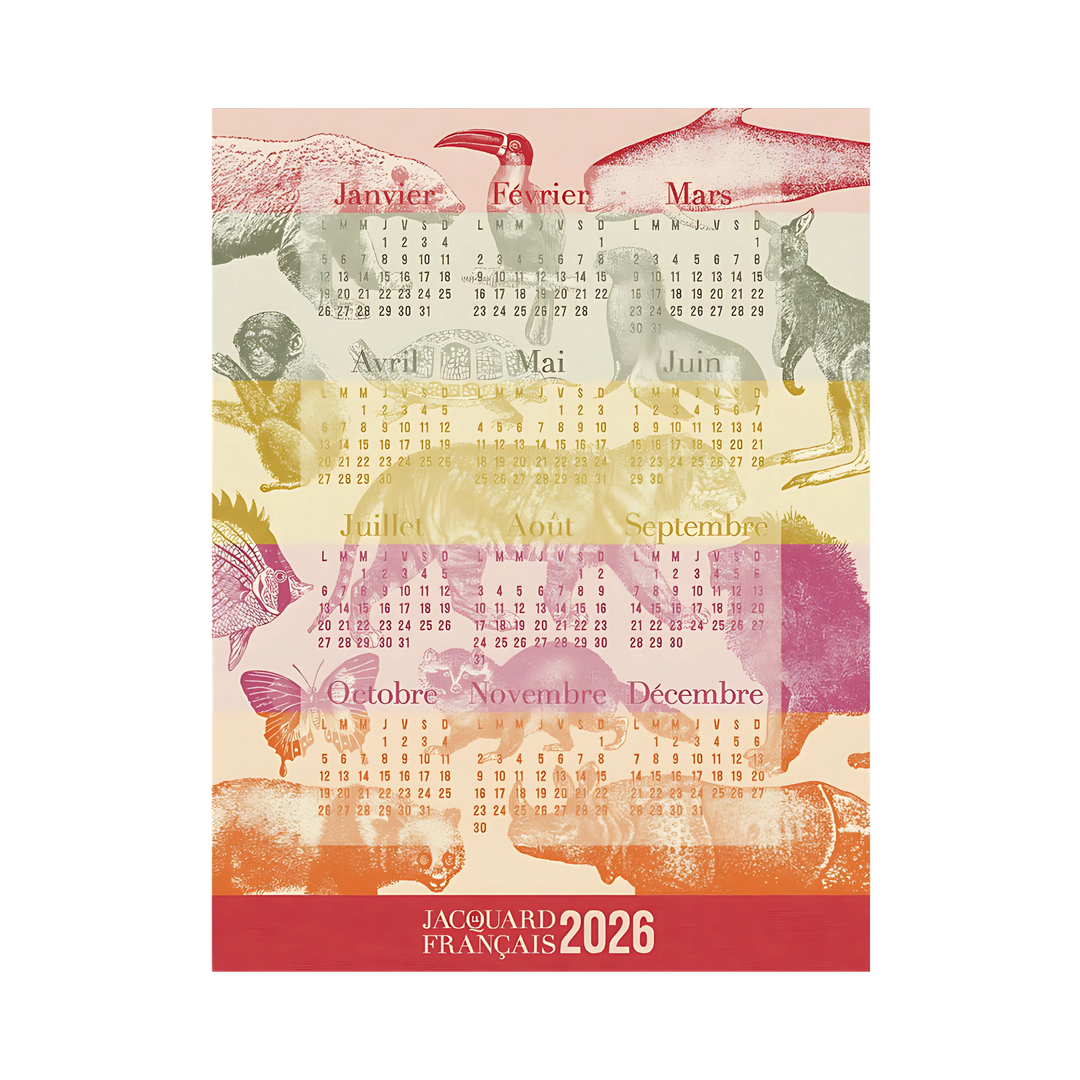 Jacquard Francais 2026 animal calendar on Cotton Tea Towel Mood 2025