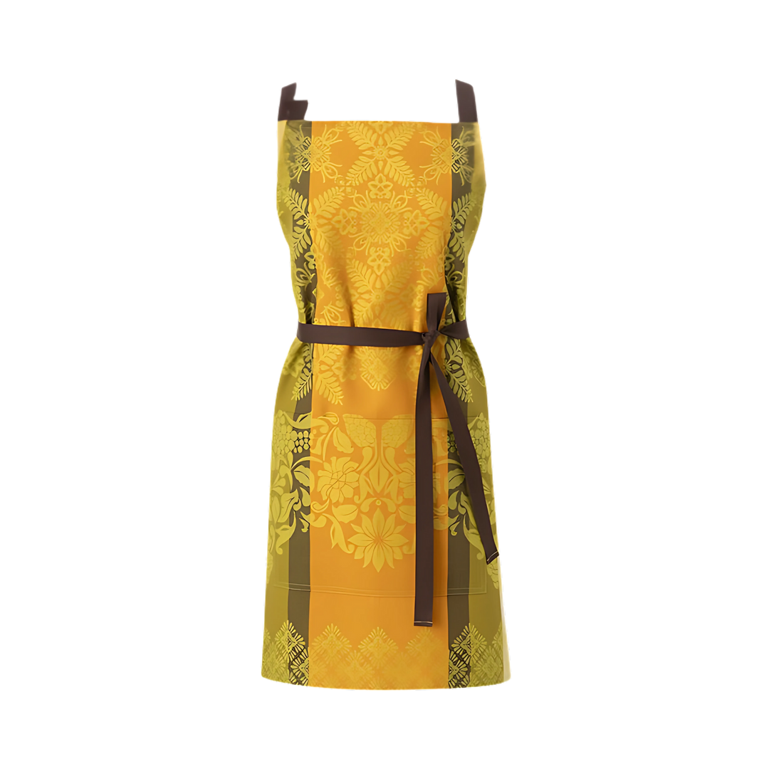 yellow brown and olive filigree pattern apron front view tied Mood 2025
