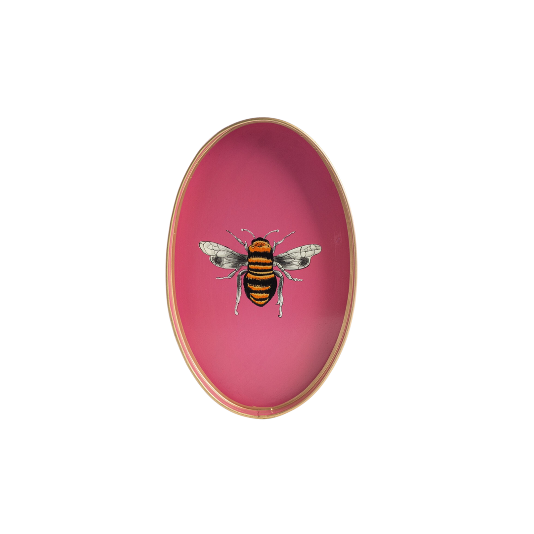 Pink oval hand-painted iron tray with three herons by Les Ottomans, sold at Mood by DMJ.