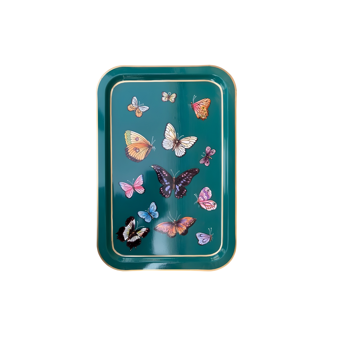 Rectangular teal tray with hand-painted multicolored butterflies by Les Ottomans, available at Mood by DMJ.